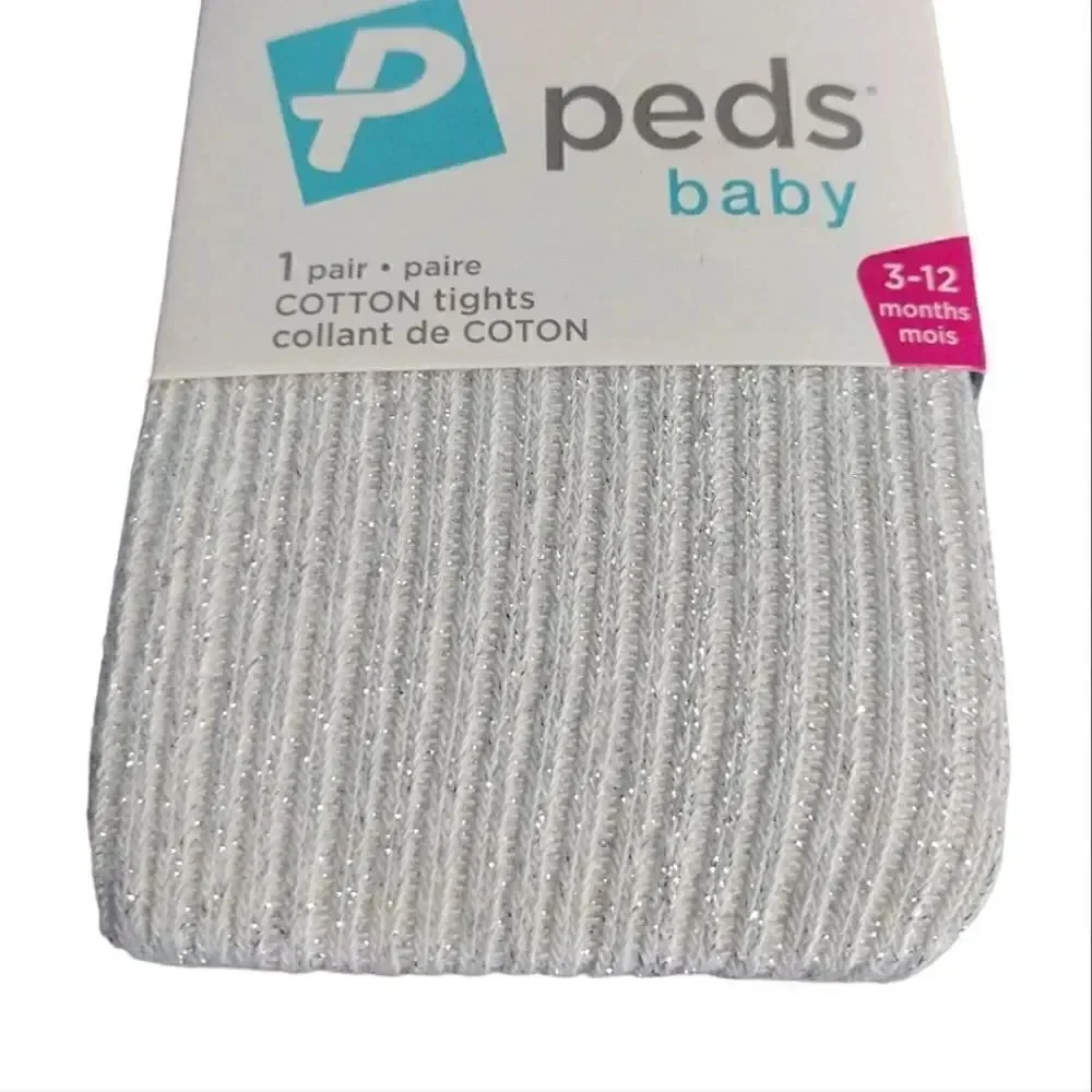 $9💥 Peds Baby 2 Prs Ivory & Pink Sparkly Cotton Tights 3- 12 mnths NWT